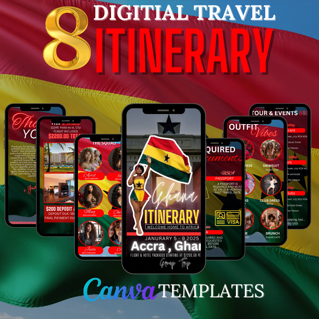 Ghana Travel Template,Birthday Weekend Itinerary, Canva template,travel itineray, Birthday Invitation, Digital itinerary,Girls Trip
