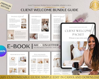 May include: A digital "Client Welcome Bundle Guide" e-book, editable in Canva, with a woman holding a mug. The guide is compatible with multiple devices and includes sections on package details, services, resources, and media packages. The guide is A4 & US Letter.