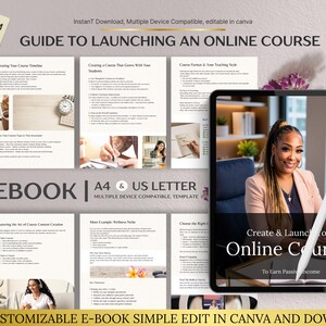 Könnte beinhalten: Eine E-Book-Vorlage mit dem Titel "Guide to Launching an Online Course" mit dem Canva-Logo. Das Design umfasst ein Tablet mit einer Frau, Text und einem Stift. Das E-Book hat die Größe A4 und US Letter und ist einfach anzupassen.
