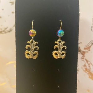 Mardi Gras Feathered Mask earrings with iridescent bead.