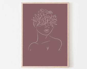 Abstract Woman Line Art with Flowers, Digital Print