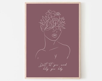 Body Positive Line Art Print: Boho Woman with Flowers (Digital Download)