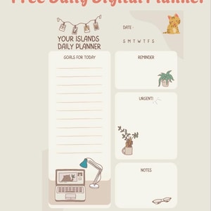K&ouml;nnte beinhalten: Ein digitaler Tagesplaner mit hellbeigem Hintergrund. Der Planer enth&auml;lt Abschnitte f&uuml;r Ziele, Erinnerungen und Notizen, mit Illustrationen einer Katze, Pflanzen und eines Laptops. Der Text enth&auml;lt "Free Daily Digital Planner" und "Digital, Printable, Download."