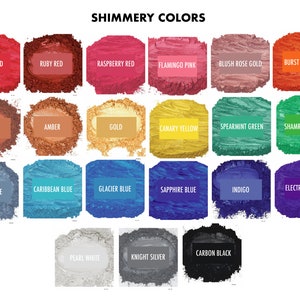 May include: A chart of 18 shimmery colors, including coral red, ruby red, raspberry red, flamingo pink, blush rose gold, burst orange, copper, amber, gold, canary yellow, spearmint green, shamrock green, slate blue, Caribbean blue, glacier blue, sapphire blue, indigo, electric purple, pearl white, knight silver, and carbon black.
