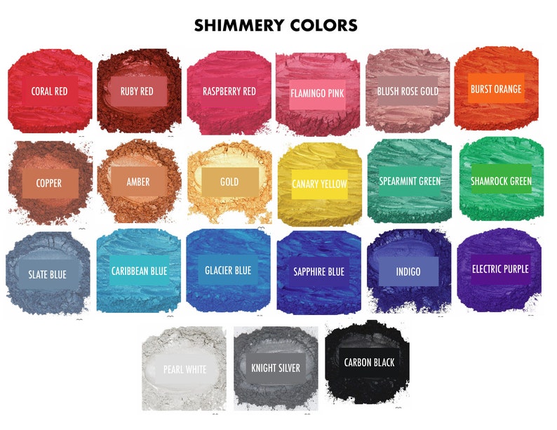 May include: A chart of 18 shimmery colors, including coral red, ruby red, raspberry red, flamingo pink, blush rose gold, burst orange, copper, amber, gold, canary yellow, spearmint green, shamrock green, slate blue, Caribbean blue, glacier blue, sapphire blue, indigo, electric purple, pearl white, knight silver, and carbon black.