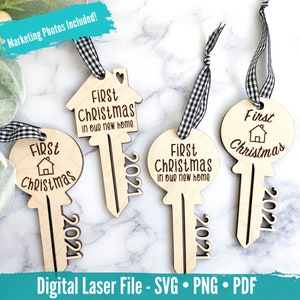 Christmas Ornament Key SVG, Digital File for Glowforge, Laser Files, New Home Ornament, New Home Gift, First Christmas in New Home, 2021