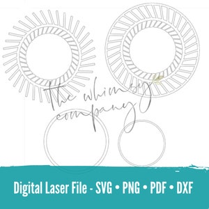 May include: Four digital laser cut files for a wreath design. The design features four concentric circles with a sunburst pattern. The files are in SVG, PNG, PDF, and DXF formats.