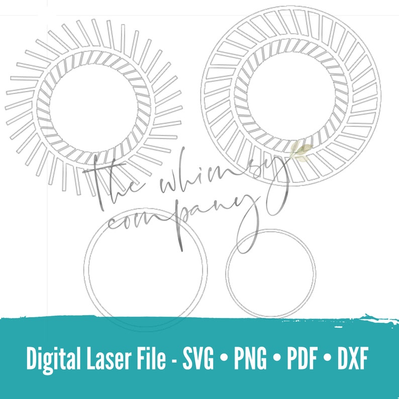 May include: Four digital laser cut files for a wreath design. The design features four concentric circles with a sunburst pattern. The files are in SVG, PNG, PDF, and DXF formats.