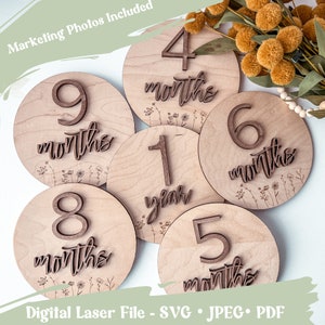 Flower Nursery Milestone Marker File, Laser File, Digital, Nursery Decor, Glowforge, Wooden Baby Milestone File, Floral Nursery Decor