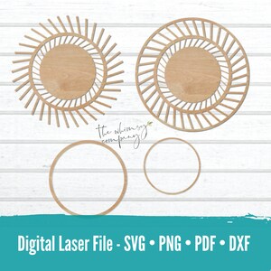 May include: A digital laser cut file set of four wood circles. Two of the circles have a sunburst design with a smaller circle in the center. The other two circles are plain. The file set includes SVG, PNG, PDF, and DXF formats.