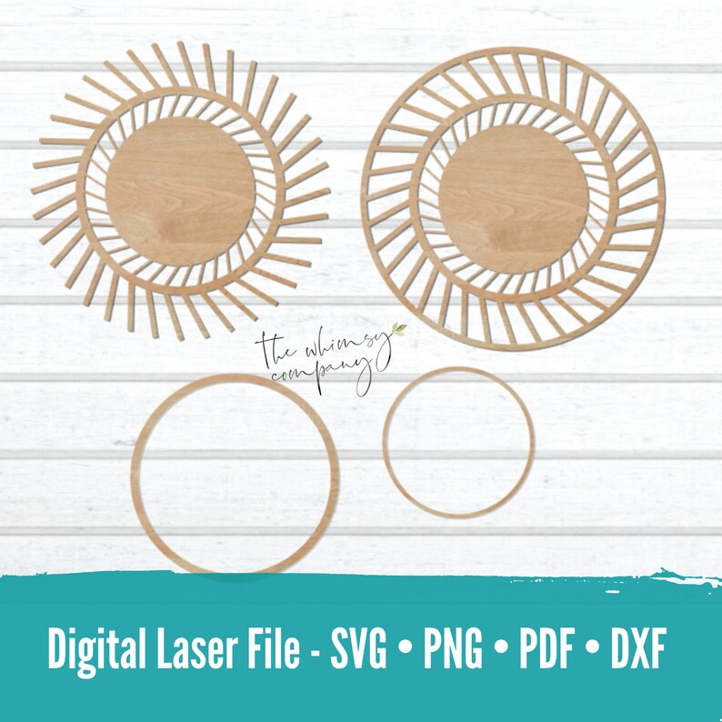 May include: A digital laser cut file set of four wood circles. Two of the circles have a sunburst design with a smaller circle in the center. The other two circles are plain. The file set includes SVG, PNG, PDF, and DXF formats.