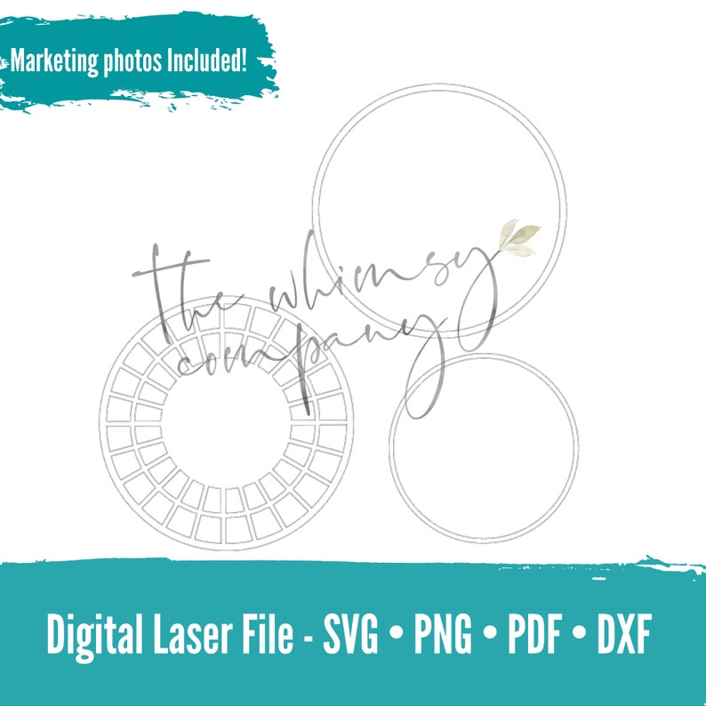 May include: A digital laser cut file design featuring three circles, one with a grid pattern, and the text "the whimsy company".
