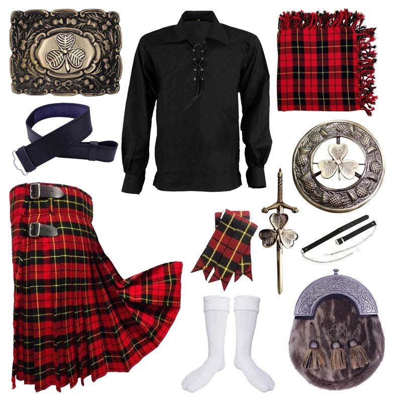 Wallace Tartan Highland Kilt Outfit Irish Shamrock Set
