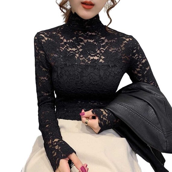 Autumn Women Thin Black Lace T Shirt 