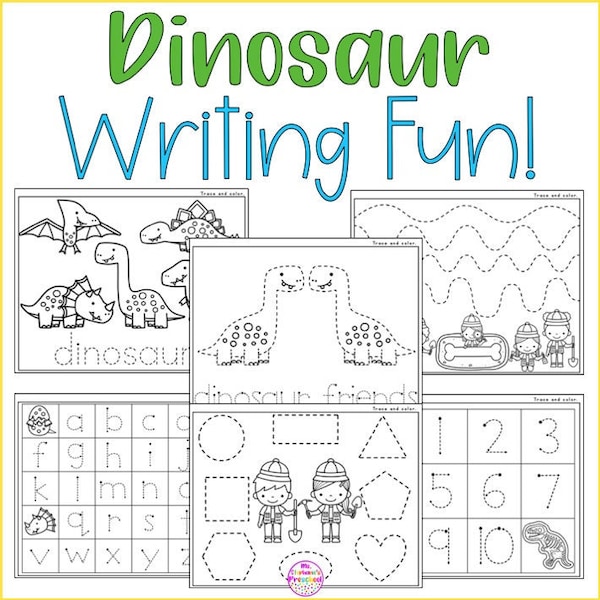 Dinosaur Writing Fun, Preschool Dinosaur Printables, Handwriting Preschool, Dinosaur Worksheets, Preschool Activity, PreK and Kindergarten