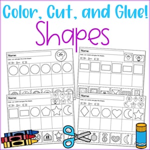 May include: A printable worksheet for kids to practice identifying and cutting out different shapes. The worksheet includes a title "Color, Cut, and Glue! Shapes" and four sections with different shapes to color, cut, and glue. The shapes include circles, squares, rectangles, pentagons, stars, crescents, diamonds, hexagons, and hearts.