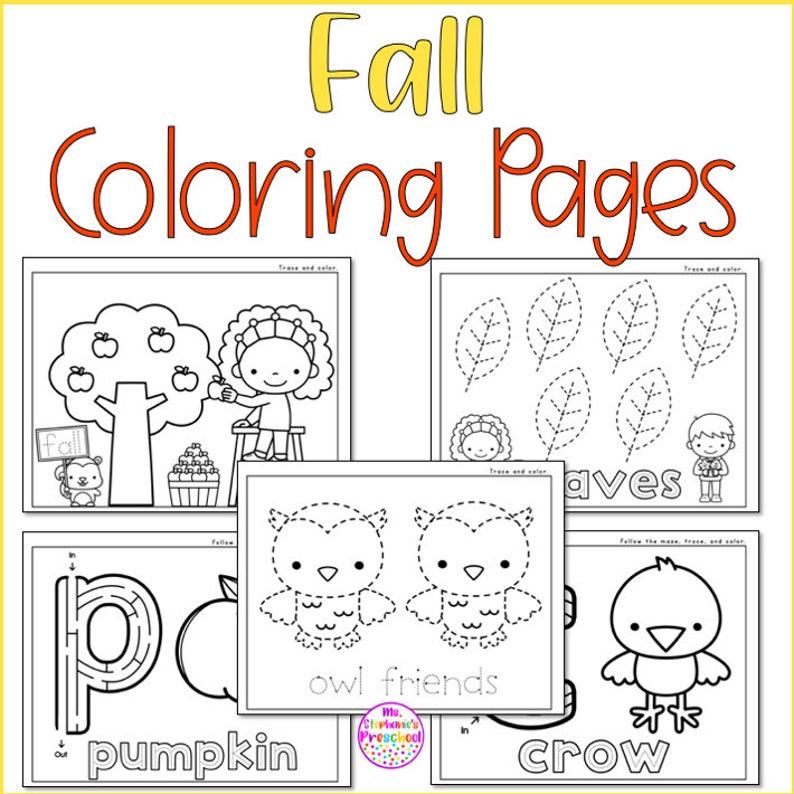 Pode incluir: P&aacute;ginas para colorir em preto e branco com temas de outono, como corujas, folhas, ab&oacute;boras e um corvo. As p&aacute;ginas incluem atividades de tra&ccedil;ado e pintura, um labirinto e uma atividade de seguir a linha.