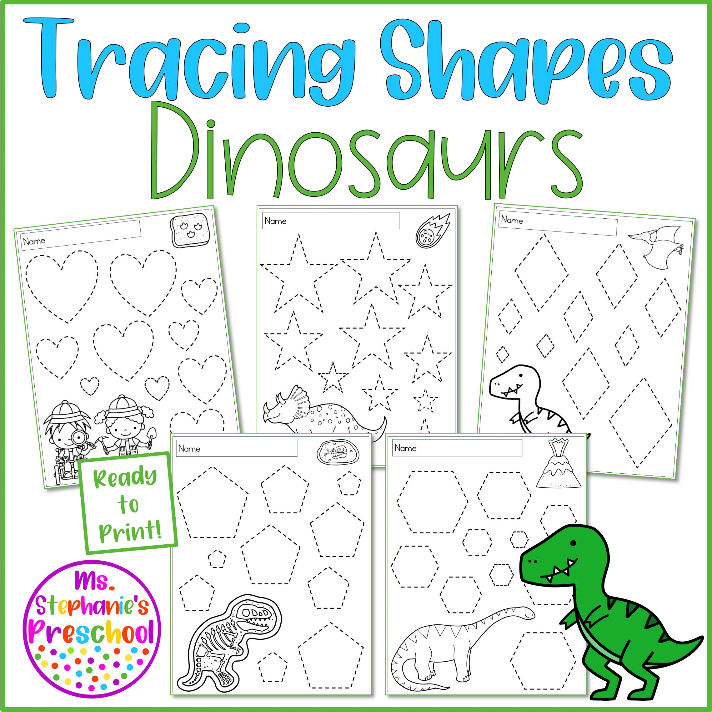 Preschool Tracing Shapes Dinosaurs, Preschool Printables, Preschool
