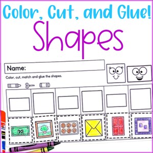 May include: A printable worksheet for kids to practice shape recognition. The worksheet has the words "Color, Cut, and Glue! Shapes" at the top. The worksheet has a space for a child to write their name. The worksheet has instructions to color, cut, match, and glue the shapes. The worksheet has six blank squares for the child to glue the shapes into. The worksheet has six shapes to cut out and glue. The shapes are a twenty dollar bill, a picture frame with a tree inside, a baking pan with cookies inside, an envelope, a door, and a square with a pattern inside.