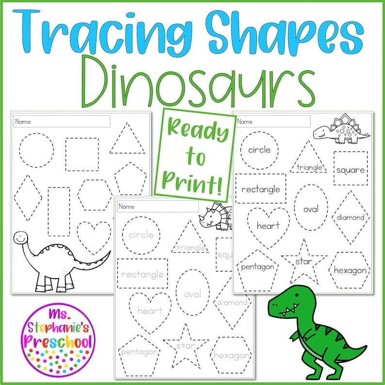 Preschool Tracing Shapes Dinosaurs, Preschool Printables, Preschool