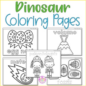 May include: Black and white coloring pages featuring dinosaur-related themes, including eggs, a volcano, a meteor, paleontologists, and fossils. The pages are labeled with the words "egg nest", "volcano", "meteor", "paleontologists", and "fossils".