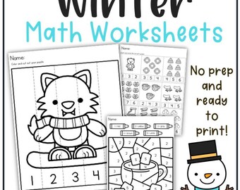 May include: Black and white printable winter-themed math worksheets for kids. The worksheets feature a snowman, a cup of hot chocolate, and a wolf on a snowboard. The worksheets include counting, number recognition, and color by number activities.