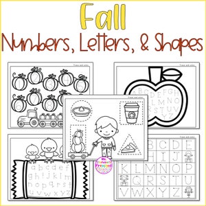 Pode incluir: Folhas de trabalho imprim&iacute;veis em preto e branco para tra&ccedil;ar n&uacute;meros, letras e formas. As folhas de trabalho apresentam imagens com tema de outono, como ab&oacute;boras, ma&ccedil;&atilde;s e uma torta.