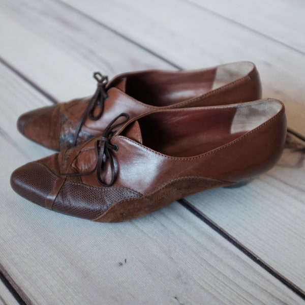 Vintage Lace-up Italian Leather Heels, Galluccio Brown Leather Patchwork Shoes, Women's Vintage Fashion