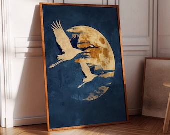 Blue and gold Japanese Wall Art, Indigo Honeycomb, Abstract Art Print, Cranes, Birds, Sun, Dark Blue, Yellow, Living Room Decor, Large Art