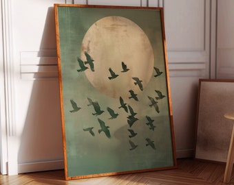 Green and Gold Wall Art, Flying Cranes, Sage Green Decor, Japanese Art, Sun, Abstract Art Print, Birds, Living Room Decor, Large, Japandi