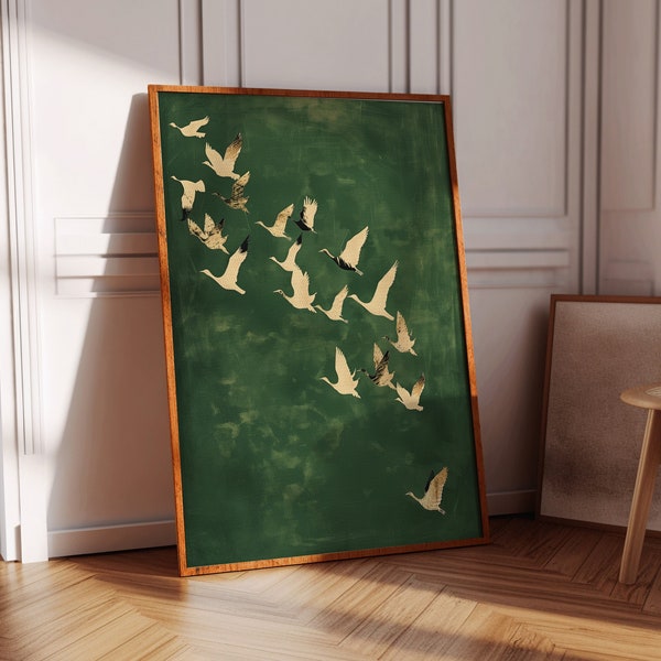 Green and Gold Japanese Wall Art · Cranes Japanese Print · Emerald Green Decor · Maximalist Wall Art · Eclectic Decor, Large Wall Art, Birds