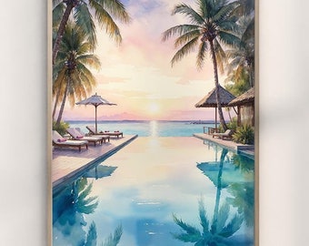 Tropical Paradise Infinity Pool Art, Maldives Sunset View with Luxury Cabana Retreat, Palm Tree Oasis, Serene Ocean Horizon Escape