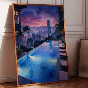May include: A framed art print showing a nighttime cityscape with a long pool. The artwork features a vibrant sunset sky, palm trees, and a tall building. The pool reflects the city lights and the surrounding buildings.