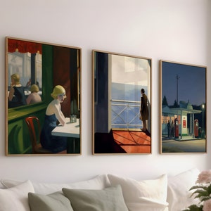 Edward Hopper Set di 3 dipinti di scene notturne, Download digitale, Arte classica americana, Collezione stampabile di paesaggio urbano della stazione di servizio vintage Diner