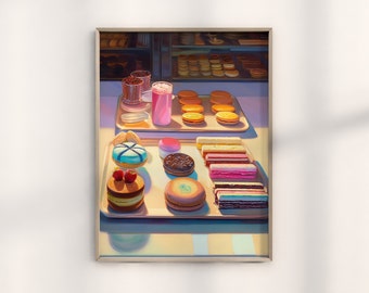 May include: A painting of a bakery display with a variety of colorful pastries, including macarons, cakes, and cookies. There are also two glasses of pink and red beverages on the counter.
