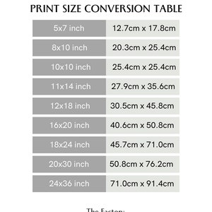 May include: A chart showing print size conversions in inches and centimeters. The chart lists common print sizes from 5x7 inches to 24x36 inches, with the corresponding measurements in centimeters.
