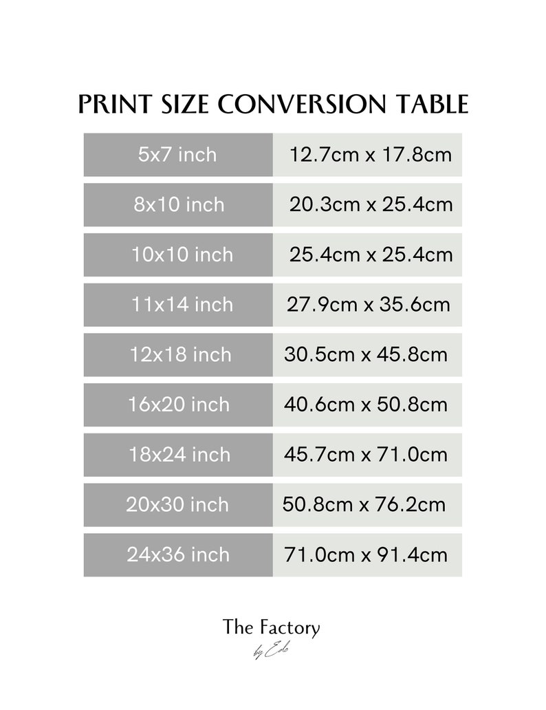 May include: A chart showing print size conversions in inches and centimeters. The chart lists common print sizes from 5x7 inches to 24x36 inches, with the corresponding measurements in centimeters.