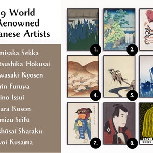 May include: A collage of nine framed images showcasing the works of renowned Japanese artists. The images include traditional Japanese art, such as woodblock prints and paintings, as well as modern art, such as a polka dot pumpkin. The artists featured are Kamisaka Sekka, Katsushika Hokusai, Kawasaki Kyosen, Korin Furuya, Ogino Issui, Ohara Koson, Shimizu Seifū, Tōshūsai Sharaku, and Yayoi Kusama.