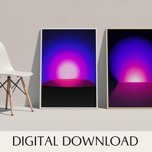 May include: Two digital art prints with a gradient of pink, purple, and blue. The print on the left shows a pink and purple sphere rising above a black horizon. The print on the right shows a pink and purple sphere with a pink and purple platform below it.