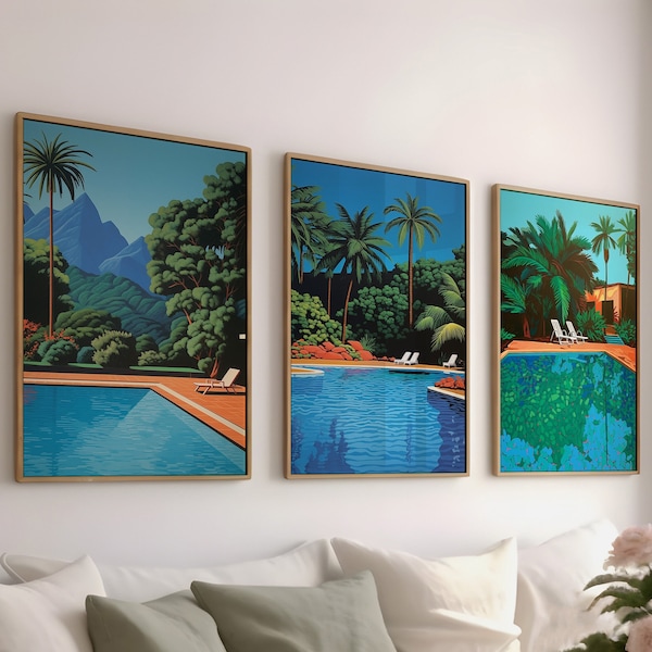 Hiroshi Nagai Set mit 3 Tropischen Szenen Gemälden, Digitaler Download, Synthwave Lebendige Strand Kunstwerk, Retrowave Stil Wand Dekor Sammlung