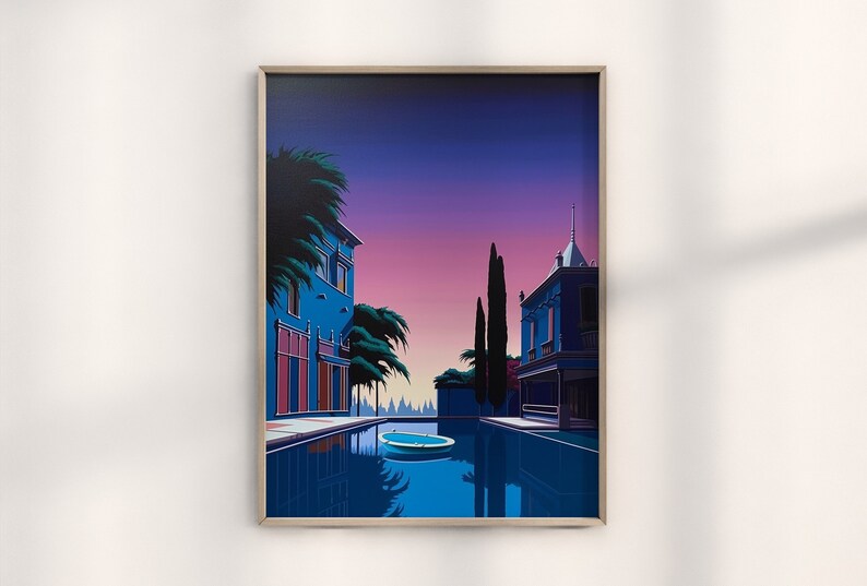 May include: A digital painting of a blue building with a pool in front of it. The building has a pink and red door and windows. There are palm trees on either side of the pool. The sky is a gradient of pink, purple, and blue.