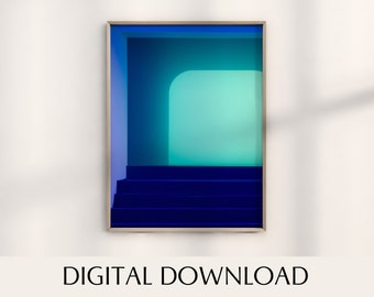 May include: A framed abstract art print featuring a blue and green gradient background with a curved shape and a set of blue steps in the foreground.
