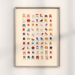 May include: A colourful illustration of 64 different chair designs. The chairs are arranged in a grid pattern and are drawn in a variety of colours, including red, blue, green, yellow, and orange.