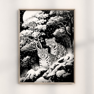 Matsumoto Hoji Snow Leopards Print, Traditional Japanese Snow Leopard Art,Feline Wildlife Illustration, Hoji Snowy Mountain Big Cats Design
