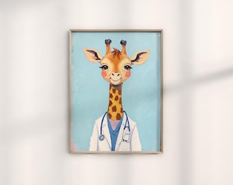 Giraffe Artwork, Whimsical Animal Art, Cute Animal Prints, Animal Doctor Theme, Unique Wall Art for Children's Room Decor
