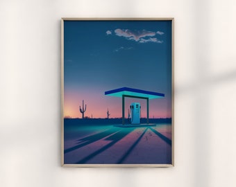 Roadside Remains Gas Station Retrowave Desert Landscape Art, Southwestern Decor, Western Wall Art, Vintage Retro Art Print, Boho Eclectic
