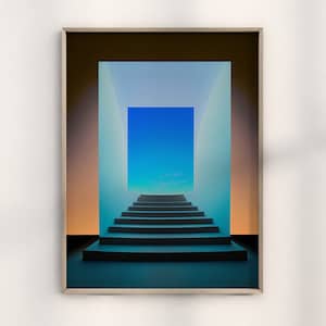 May include: A framed abstract art print featuring a stairway leading up to a blue sky with clouds. The stairway is in a white room with a brown wall on the right side.