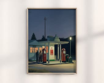 Edward Hopper tankstation print, vintage hopper langs de weg kunst, klassieke Americana muur decor, hopper gas pomp artwork, hopper geïnspireerde weg scène