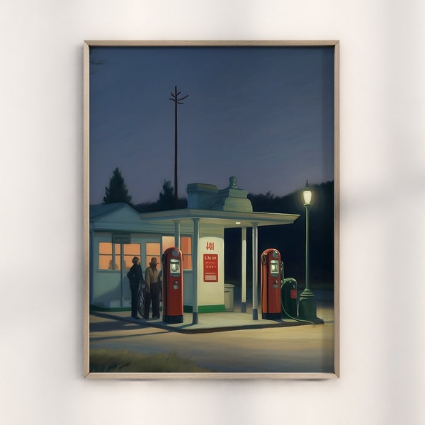 Edward Hopper Tankstelle Druck, Vintage Hopper Straßenrand Kunst, Classic Americana Wand-Dekor, Hopper Gas Pump Kunstwerk, Hopper inspiriert Straßenszene