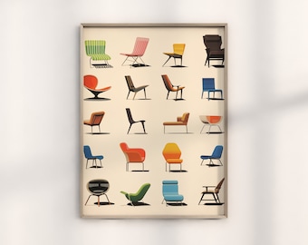 Puede incluir: Un póster con una colección de 20 sillas de estilo moderno de mediados de siglo en varios colores y estilos. Las sillas están dispuestas en una cuadrícula sobre un fondo crema.